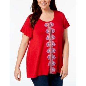 Style & Co Womens Sz Red Embroidered Swing-Hem Top